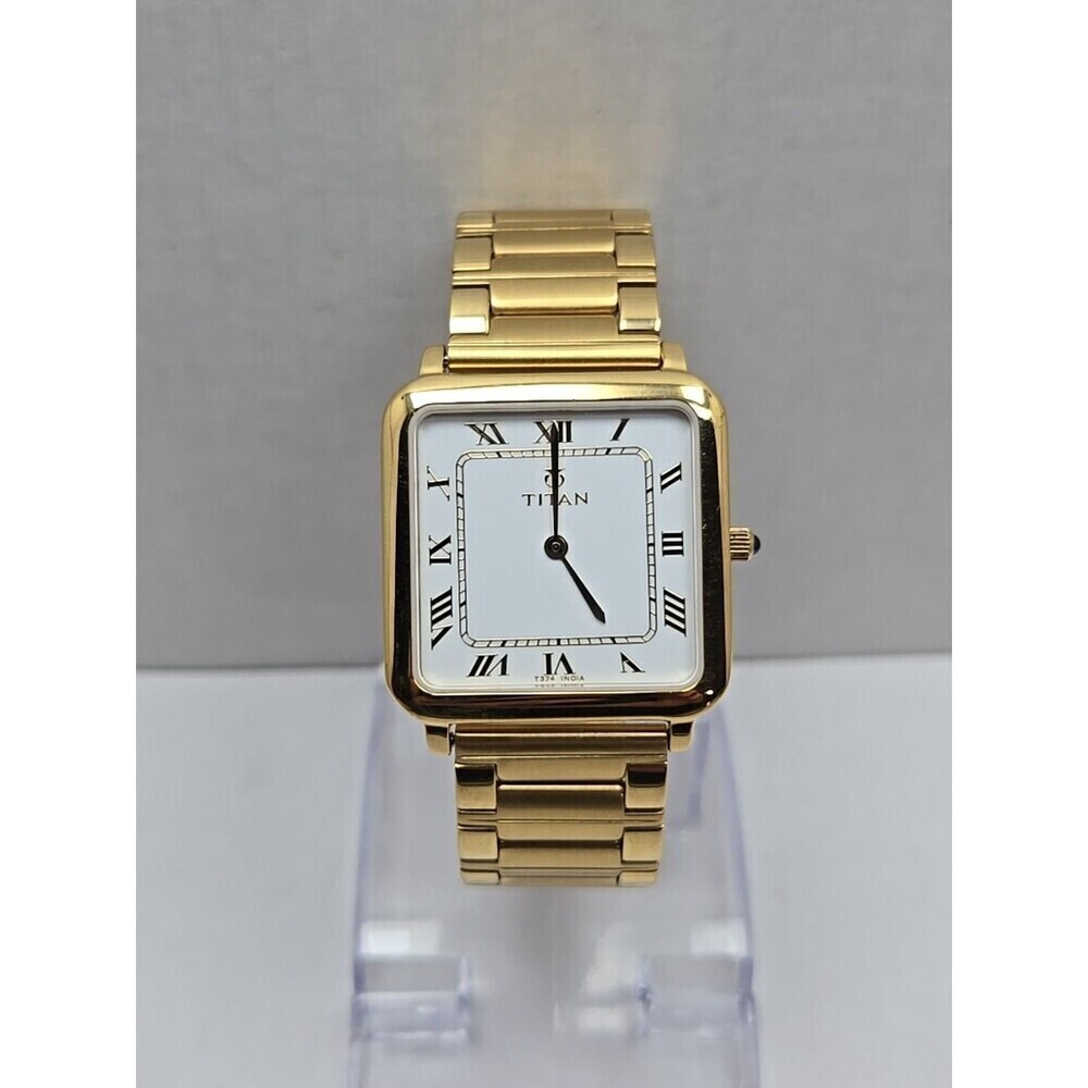 Titan Quartz Gold Tone Square Watch White 29mm Roman Bracelet New Battery 510YAC